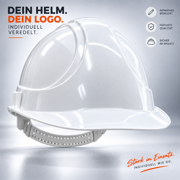 VOSS INAP-Master Bauhelm weiß mit Firmenlogo bedrucken – individuell veredelt, vollfarbiger UV-Druck