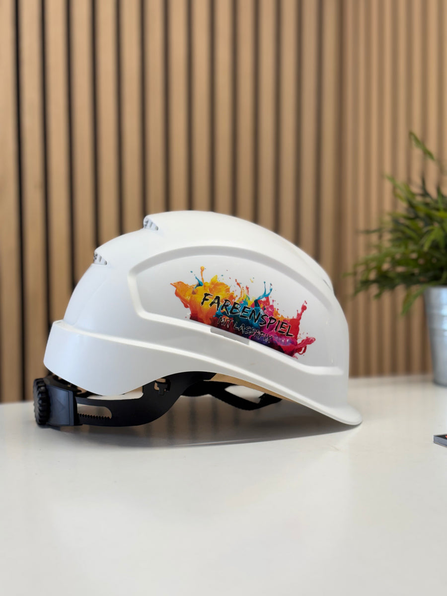 Bauhelm mit mehrfarbigem Druck – volles Farbspektrum im UV-Direktdruck