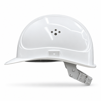 VOSS INAP-Master-6 Bauhelm weiß, Seitenansicht links mit Belüftungslöchern – Druckfläche für Namen