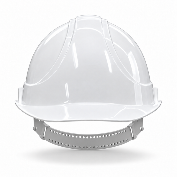 VOSS INAP-Master-6 Bauhelm in Weiß, Frontansicht – Druckfläche für Firmenlogo auf der Stirnseite